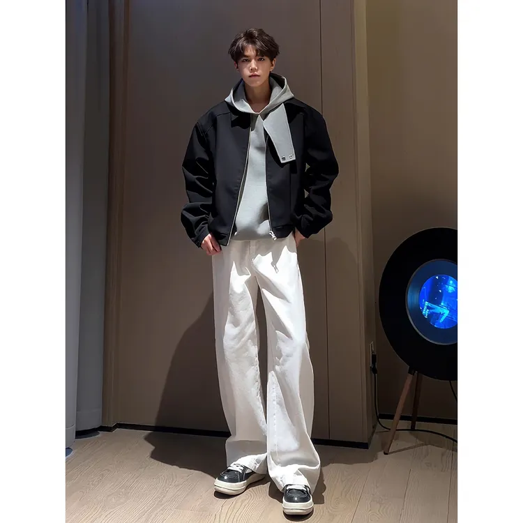 白色弯刀加绒牛仔裤男款秋季cleanfit显瘦裤子美式高街直筒微喇裤