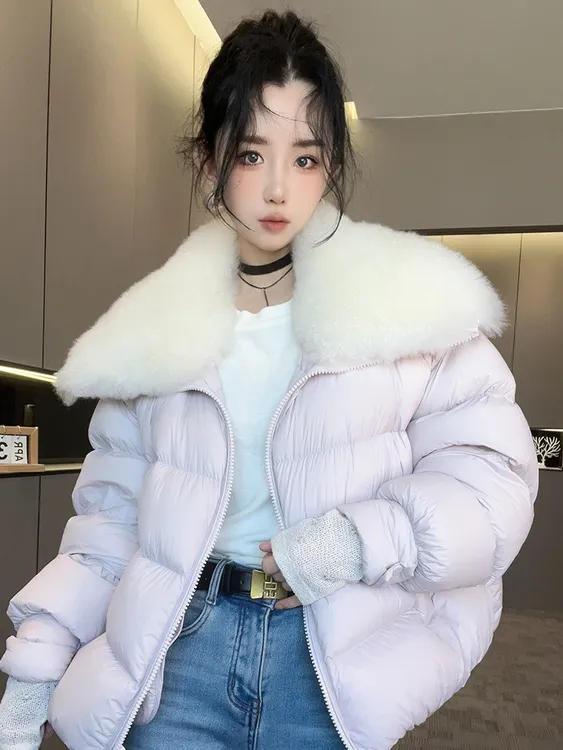 山羊绒毛领鹅绒羽绒服女2025秋冬新款宽松面包服保暖外套长袖上衣