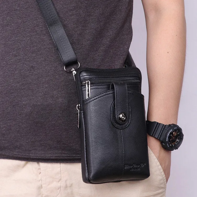 （朗克保罗）头层牛皮多功能手机包腰包可单肩斜挎男女通用小磁扣包