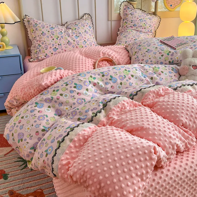 韩系粉色小碎花A面100%全棉B面豆豆牛奶绒床上四件套秋冬被套床单商品图
