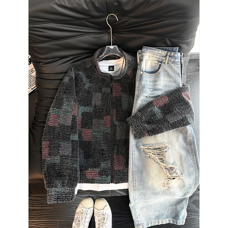 小香风七彩格子针织卫衣开衫外套男款冬季cleanfit重磅立领夹克衫