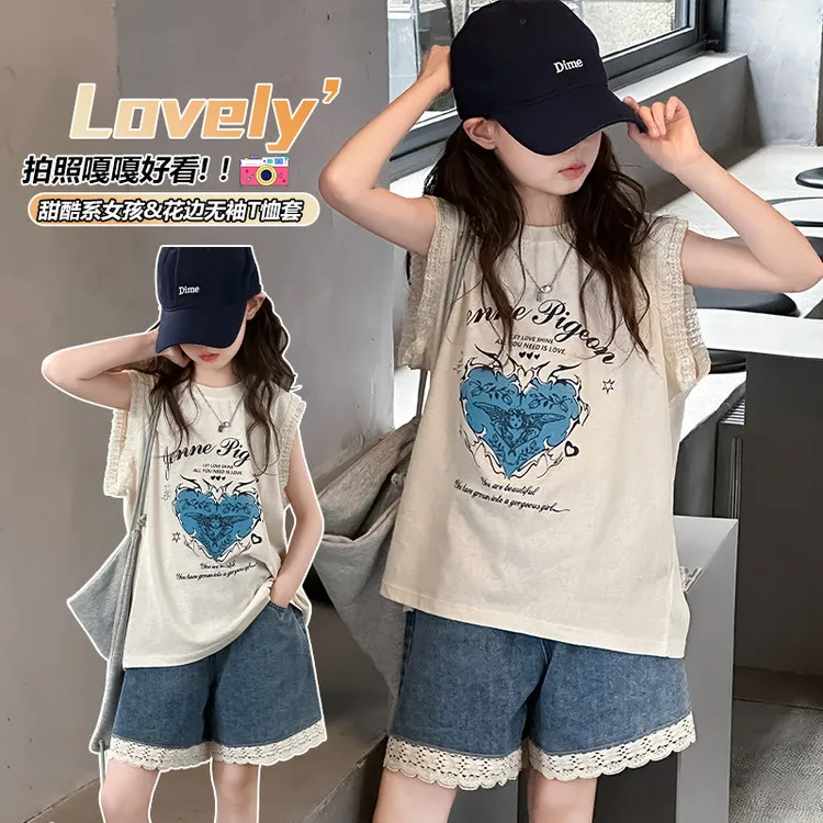 女童牛仔短裤夏装2025新款薄款女大童韩版宽松背心时髦两件套潮