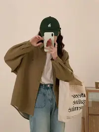 韩版刺绣字母加绒长袖衬衫女秋冬款慵懒大版外套宽松百搭加绒衬衣