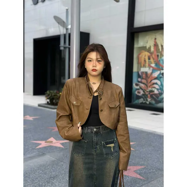 【里里】百搭复古机车胖mm皮衣外套女春秋牛仔宽松短款长袖夹克外套