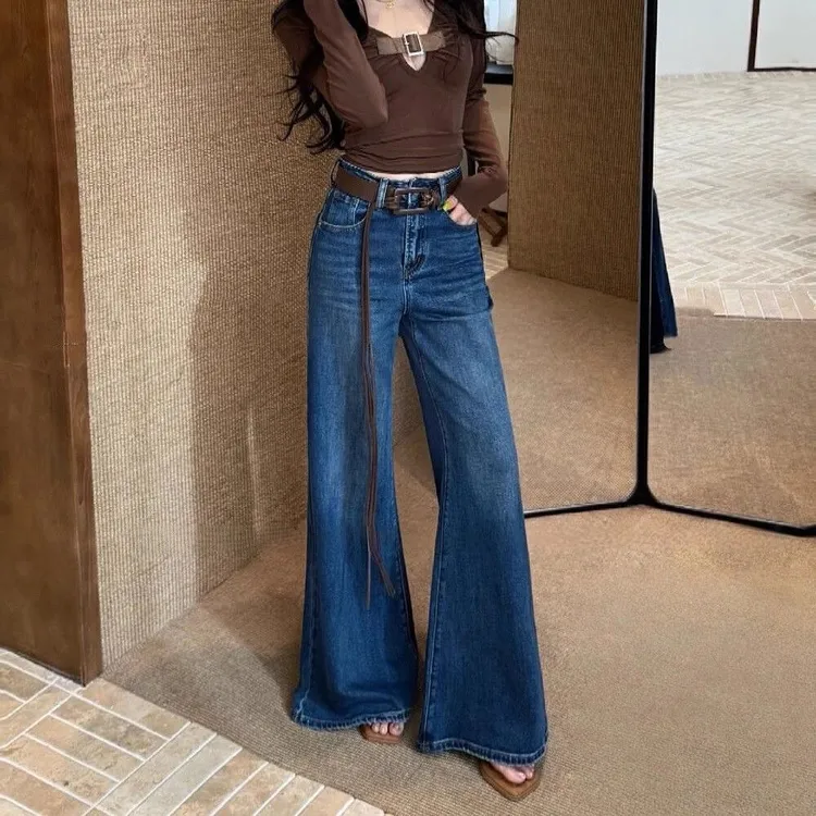 2025小个子定制复古蓝直筒A版微辣牛仔裤女高腰宽松显瘦拖地长裤