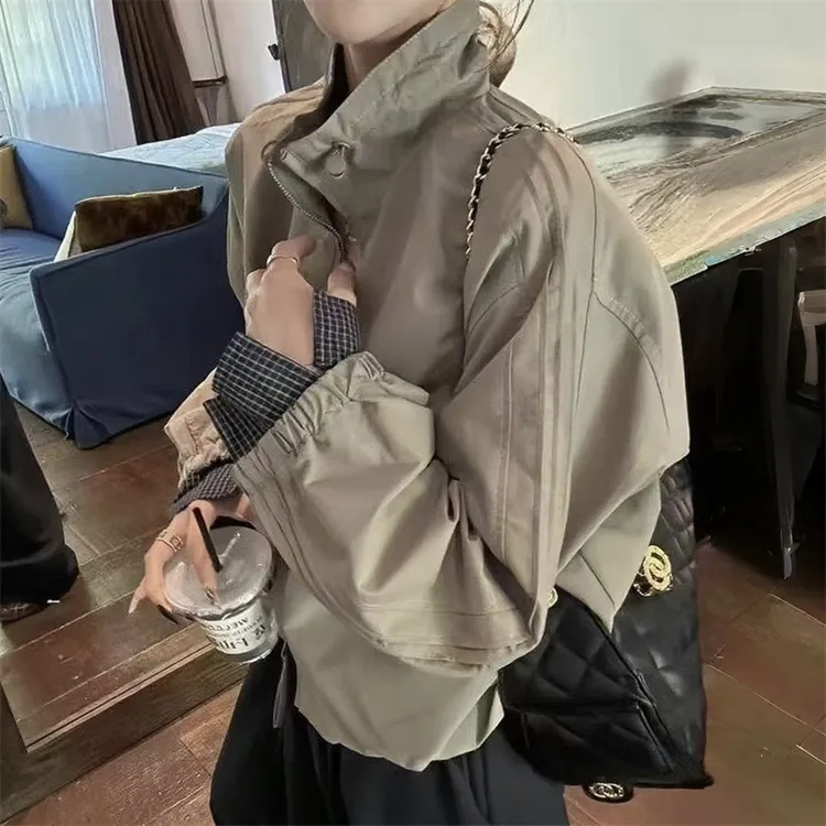 美式复古立领格子拼接短外套女2025年早秋新款时尚百搭显瘦上衣潮