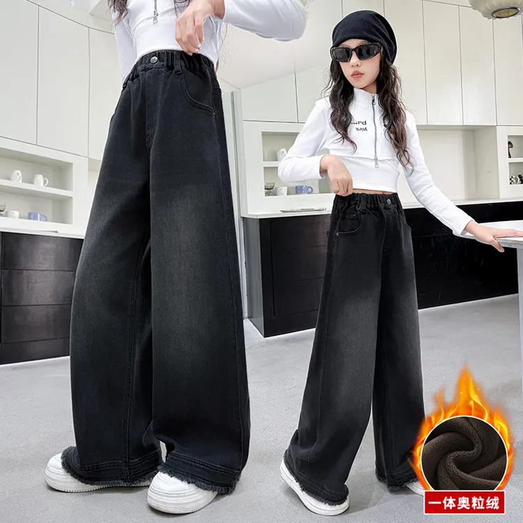 女童加绒牛仔裤冬装2025新款女大童一体绒直筒阔腿裤儿童加厚长裤