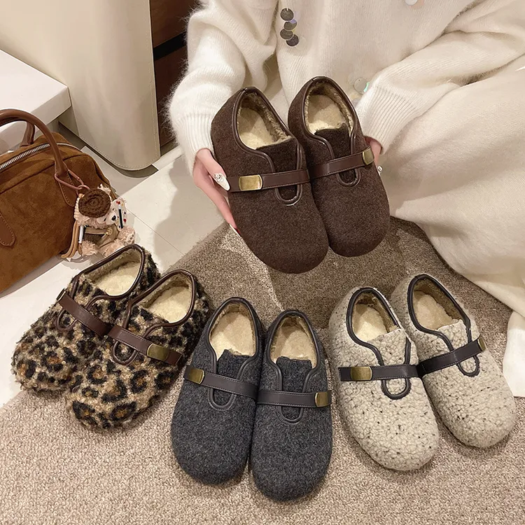 厚底毛呢加绒勃肯鞋女2025新款冬季外穿保暖毛毛棉鞋冬天乐福鞋
