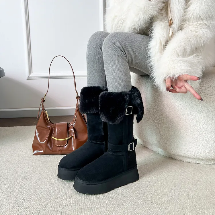 长筒厚底雪地靴女冬季2025新款加绒加厚灰色东北大棉鞋高筒长靴