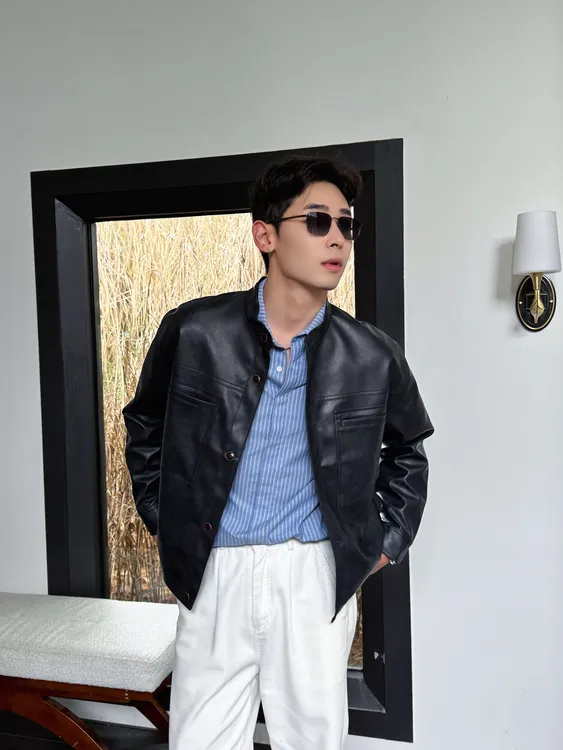 Kam tin ᐟ「琥珀流光」美式街头立领防风飞行皮夹克机车痞帅外套