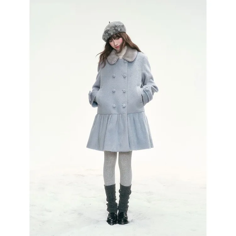 雪国少女的星夜新款蓝色双排扣毛呢外套大衣冬日氛围感中长款毛呢