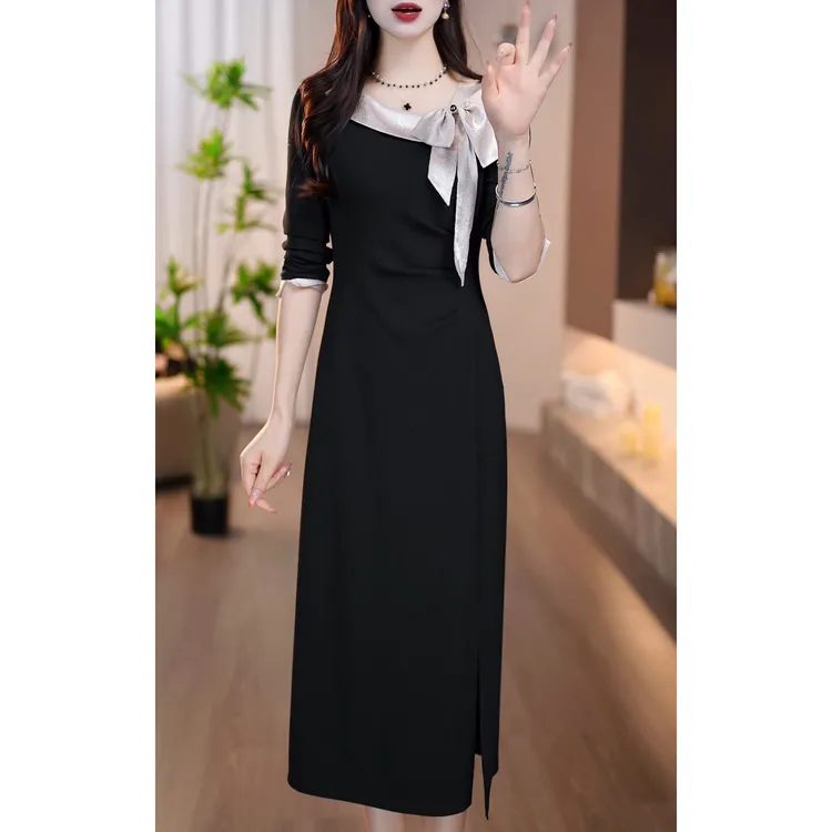 法式收腰蝴蝶结设计感连衣裙女时尚早秋季新款气质显瘦开叉中长裙