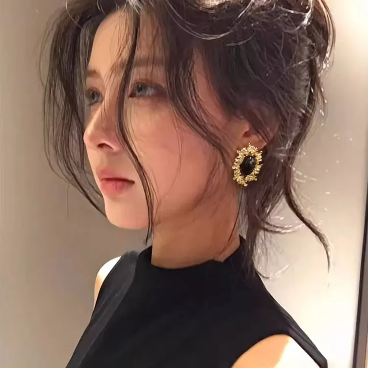 中国风黑色几何椭圆女高级感气质欧美复古宫廷耳钉耳环大款夸张