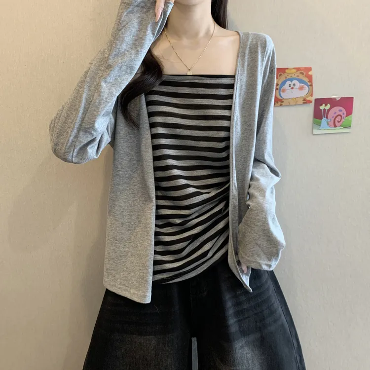 大码休闲条纹吊带背心女夏季套装胖MM显瘦薄款防晒开衫上衣两件套