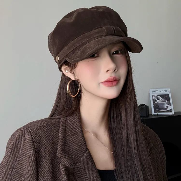 复古英伦风贝雷帽女秋冬季高级感麂皮绒八角帽子显脸小时髦画家帽