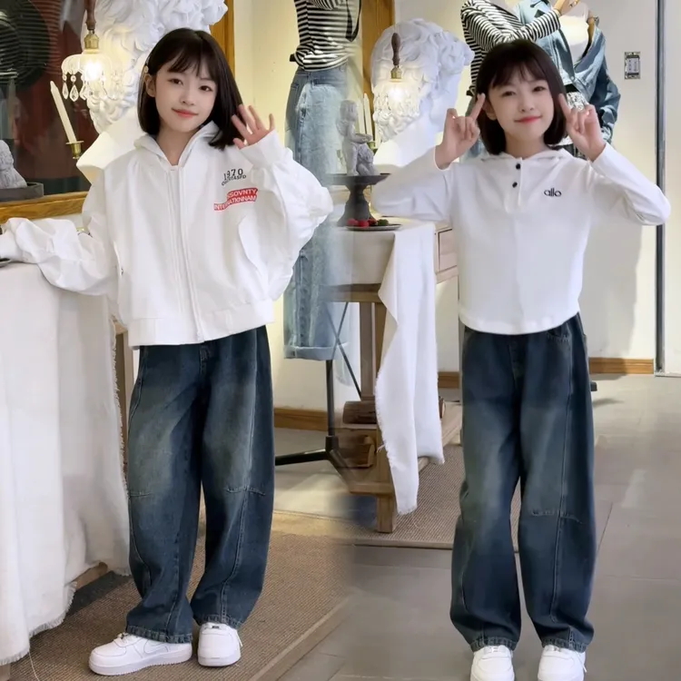 女童连帽衫牛仔裤套装2025新款秋装韩版儿童休闲宽松弯刀裤两件套