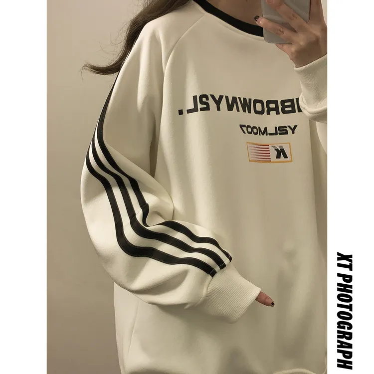 中性风三杠条纹圆领卫衣字母印花设计休闲卫衣男WY77765