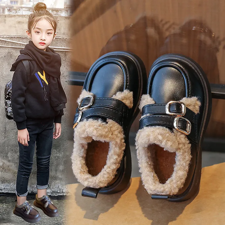 ABC女童棉鞋儿童保暖鞋2025冬季英伦皮鞋小女孩豆豆鞋加绒乐福鞋