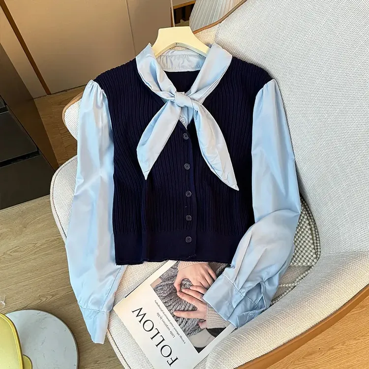 设计感拼接假两件宽松长袖系带衬衫女秋小众独特别致显瘦减龄上衣