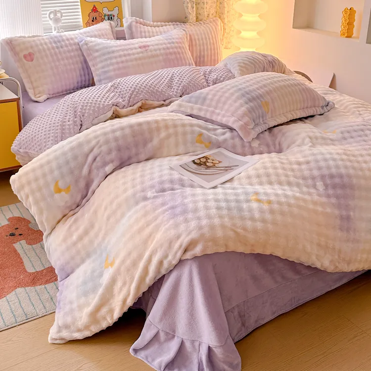 冬季牛奶绒泡泡绒豆豆防静电四件套