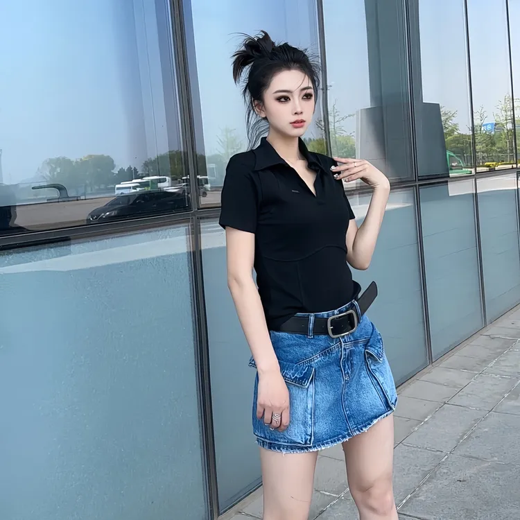 黑色polo领短袖t恤女夏20255新款弧形下摆设计感小众修身显瘦上衣