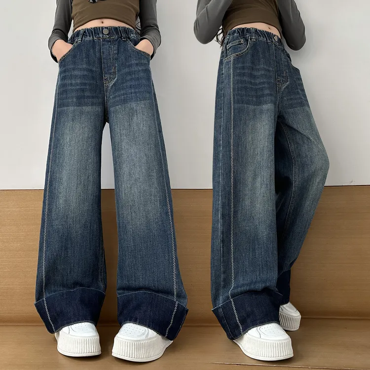 2025秋季新款女童牛仔裤中大童休闲阔腿裤直筒百搭裤子儿童长裤潮