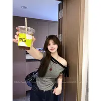 【绯闻oni 】温与柔短袖纯欲显瘦收腰绑带斜肩波点上衣T恤