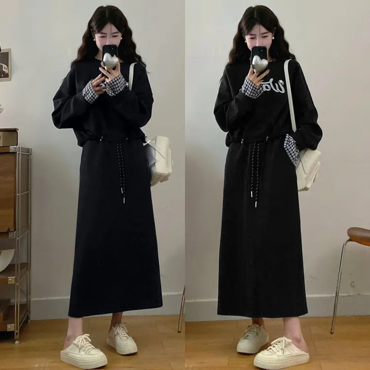 大码胖mm新款女装时尚高级感拼接格子假两件上衣+半身裙套装女