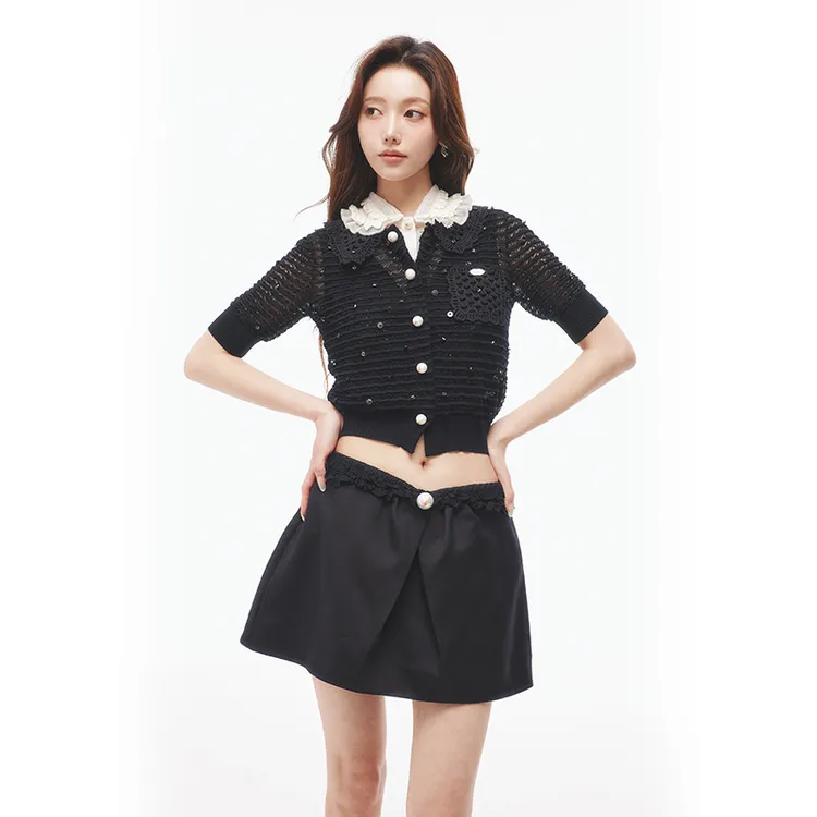 LE FAME/拉飞姆2025夏季新品钉珠镂空拼接甜美针织开衫