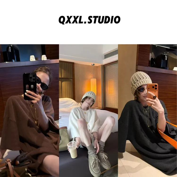邱小小丽呀 秋季新款加绒中袖T恤衫女纯色百搭宽松中长款套头上衣
