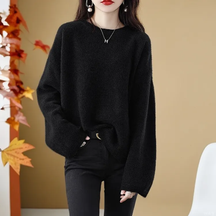 黑色慵懒针织春秋新款圆领毛衣女洋气百搭纯色内搭打底衫女上衣