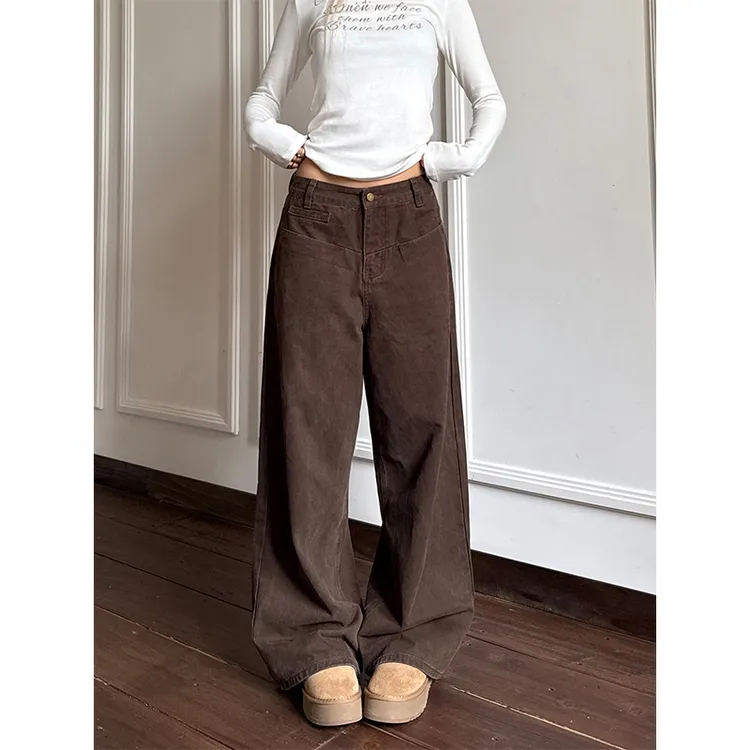 韩系复古水洗磨毛咖色直筒裤女秋冬季设计感口袋高腰百搭阔腿长裤