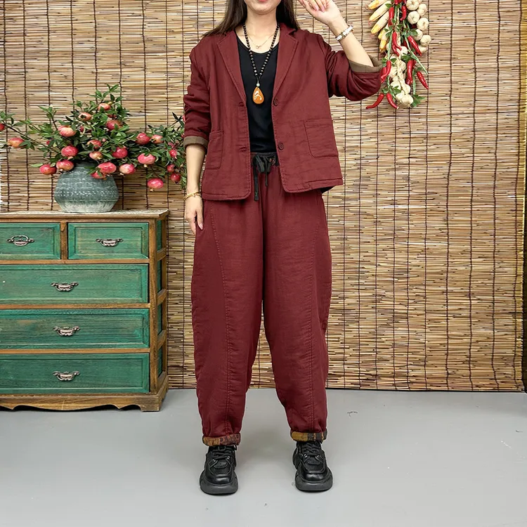 秋冬加厚套装2025新款酒红色休闲棉衣外套显瘦阔腿裤两件套