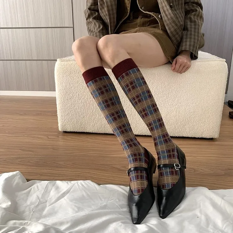 秋冬复古老钱风~超绝时髦!高级气质~ 复古格纹显瘦摩登小腿袜L