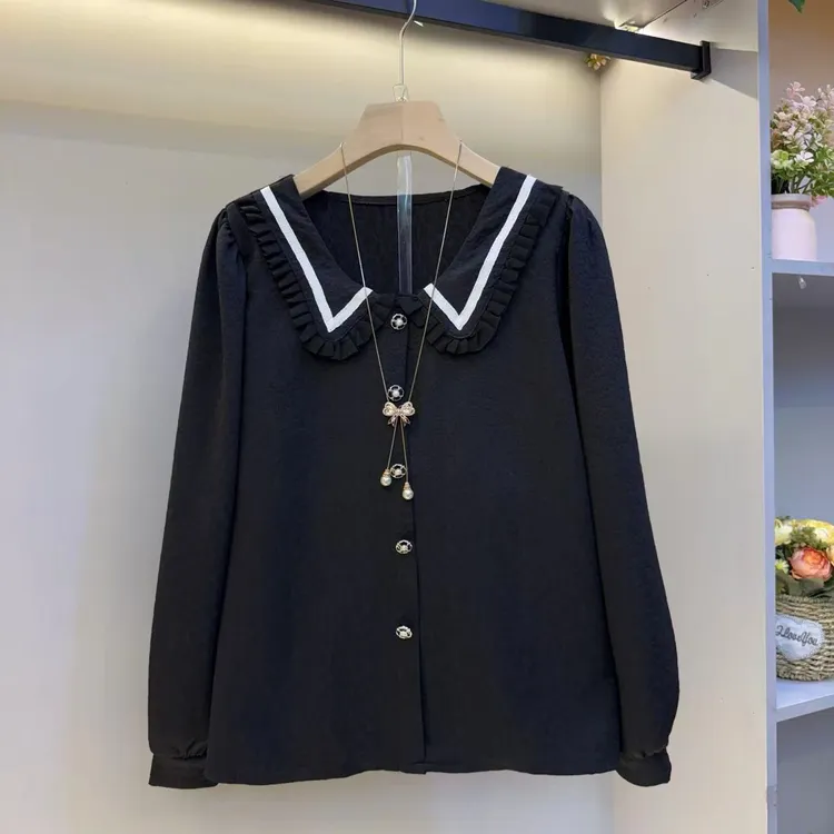 春秋新款洋气减龄宽松长袖显瘦百搭翻领打底衬衫女