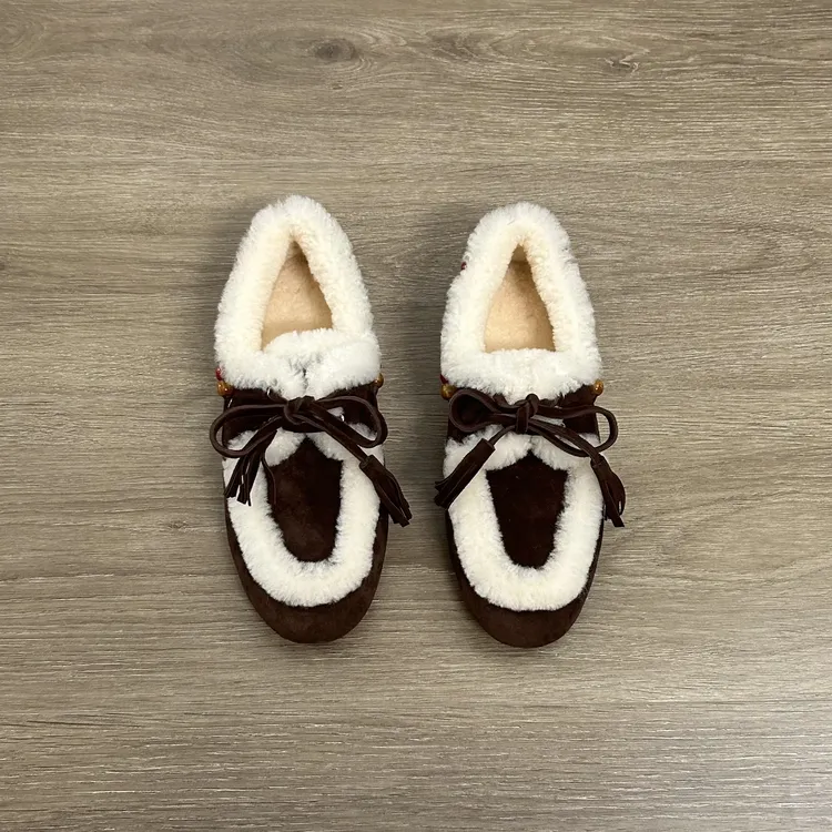 Dannyfrey小香风流苏系带乐福鞋女平底豆豆鞋保暖真皮懒人鞋1.5CM