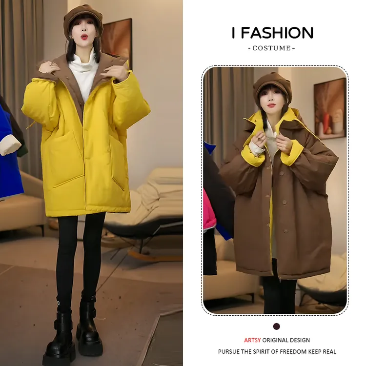 加厚时尚宽松显瘦连帽棉服女2025秋冬新款洋气保暖双面穿棉衣外套