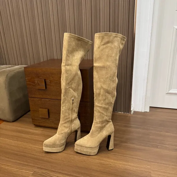粗跟冬季过膝胶粘超高跟防水台靴加绒长筒女靴瘦瘦靴尖头弹力靴