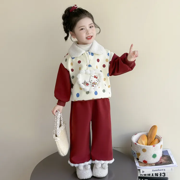 女童加绒卫衣套装秋冬2025新款儿童加厚polo领两件套宝宝保暖衣服