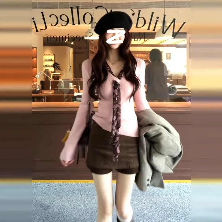 【朱颜粉面】新款韩系设计感v领针织毛衣秋冬修身内搭打底长袖上衣