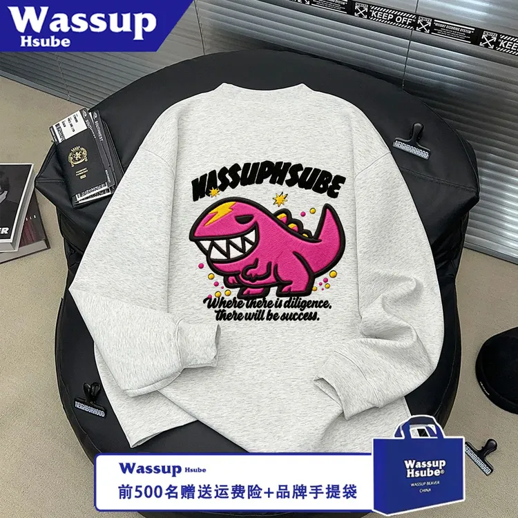 WASSUP HSUBE美式流行潮流秋冬长袖卡通恐龙圆领宽松印花情侣上衣