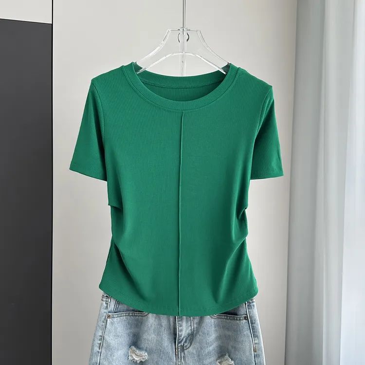 2025夏季新款正肩女t恤短袖U领螺纹拼接褶皱宽松大码遮肉显瘦上衣