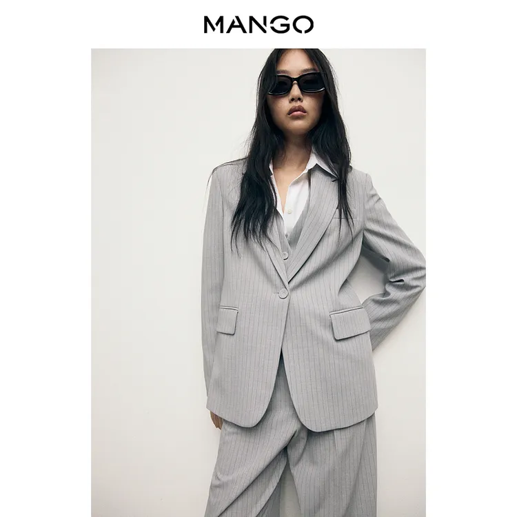 MANGO女装西装2025秋装新款休闲百搭通勤灰色条纹休闲西装外套