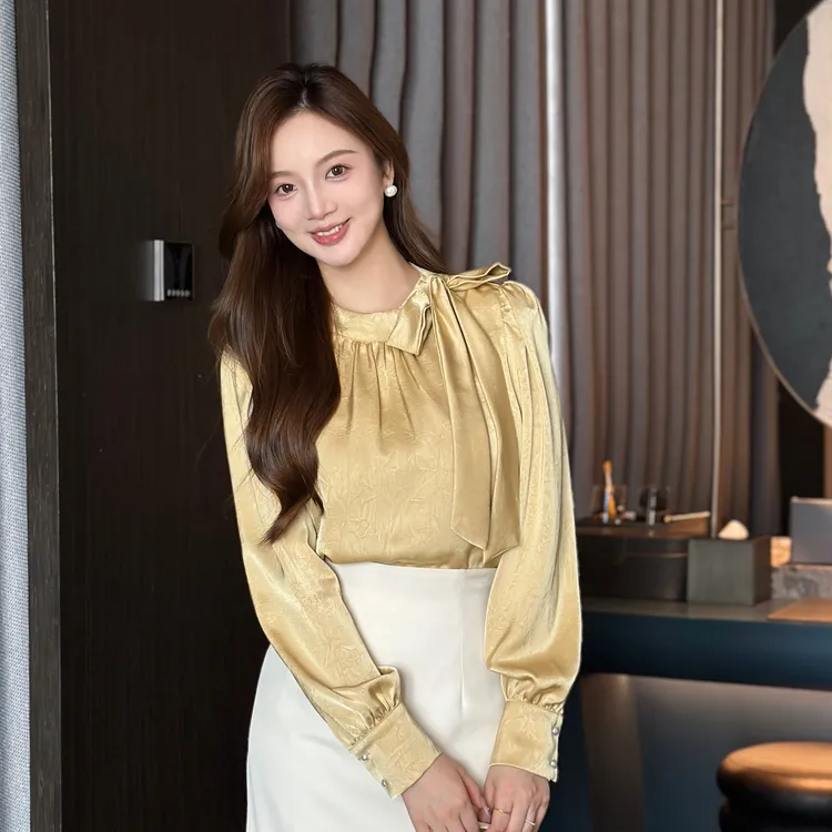 【侧蝴蝶结衬衫】春秋新款纯色设计感衬衣长袖女士宽松泡泡袖1942