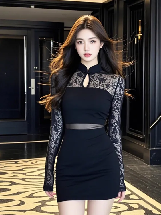 【KEKE】小众痞雅系黑色立领蕾丝连衣裙女2025新款收腰微透包臀裙子