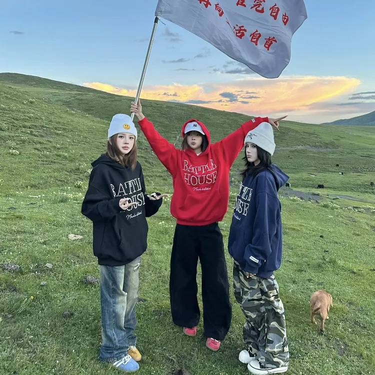 美式街头风复古立体钉珠字母刺绣连帽卫衣秋季情侣款休闲宽松上衣