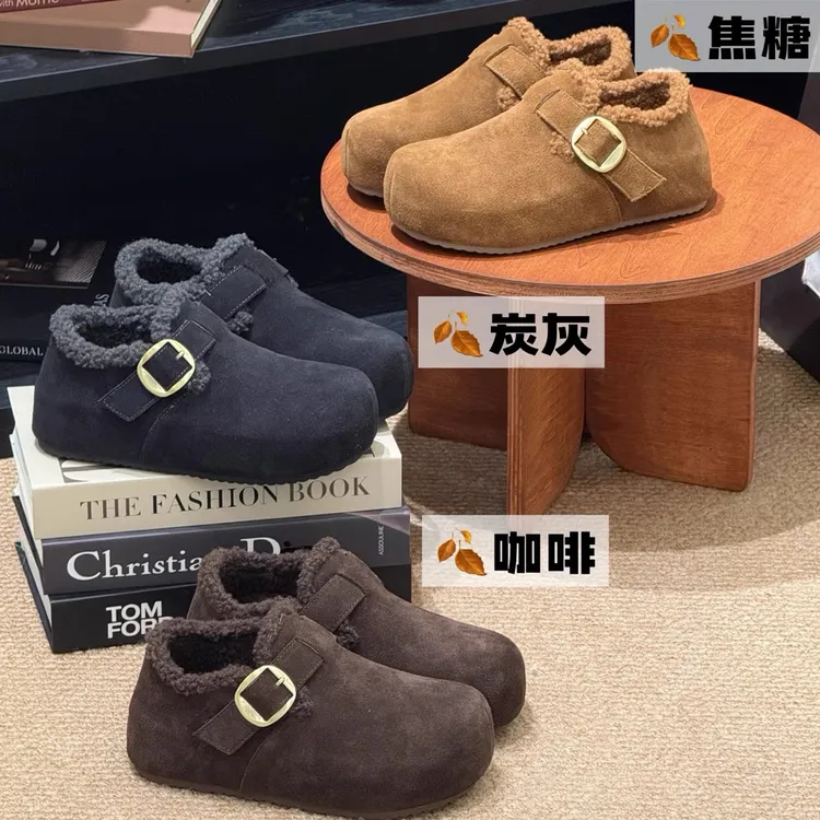 秋冬加绒博肯鞋2025新款内增高加厚增高一脚蹬包头鞋保暖休闲单鞋
