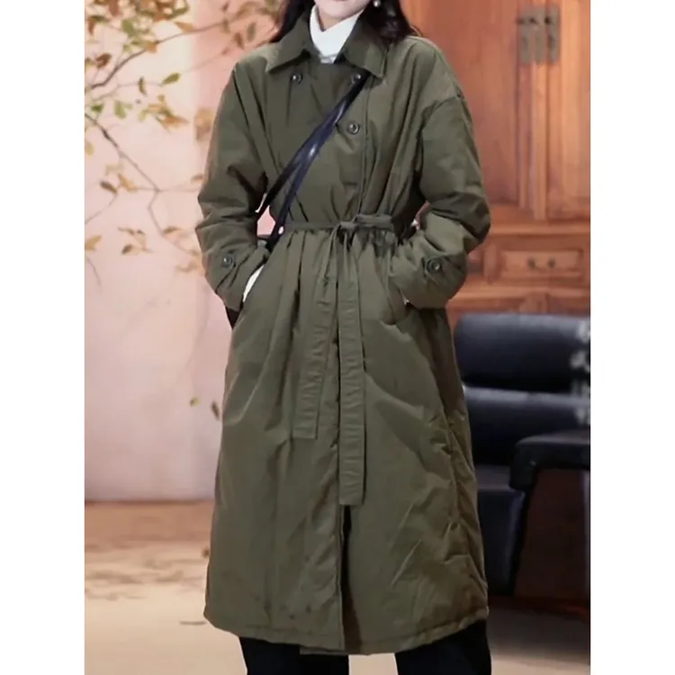 气质百搭保暖翻领纯色棉服2026冬季新款小众时尚绑带显瘦长款外套