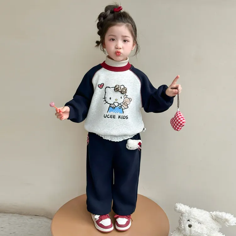 女童秋冬季加绒卡通套装2025新款儿童洋气加厚保暖卫衣卫裤两件套