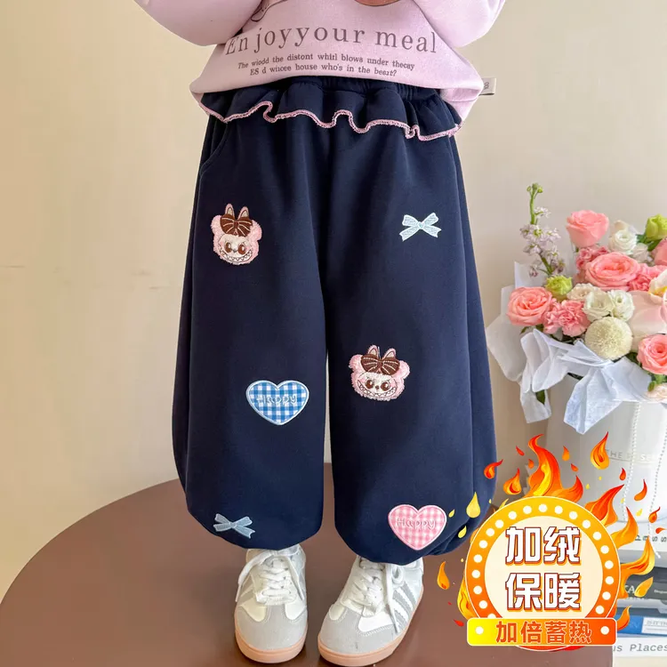 女童卡通加绒裤子秋冬装2025新款冬季儿童加厚卫裤洋气宝宝保暖裤